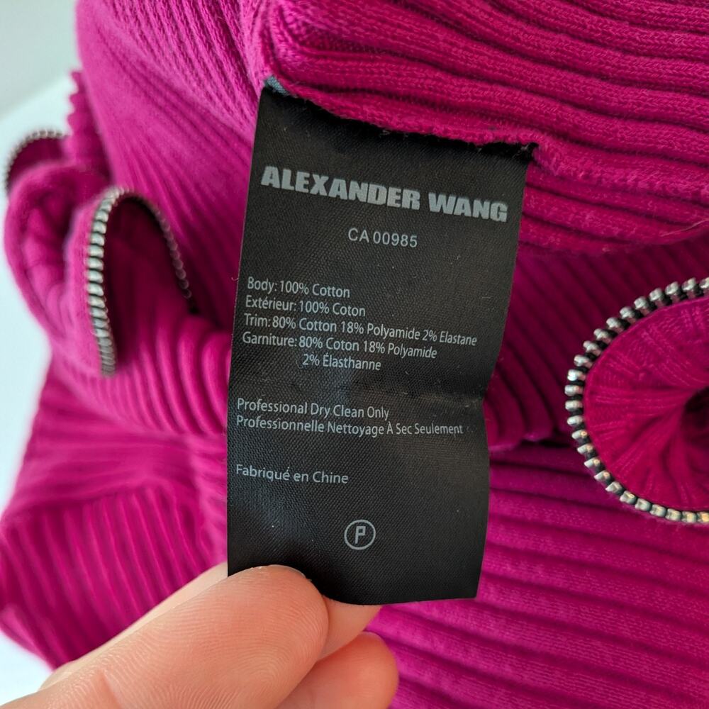 Alexander Wang Sweater Top M Pink Zipper Ruffle Ribbed Knit Short Sleeve Glam - Picture 13 of 13